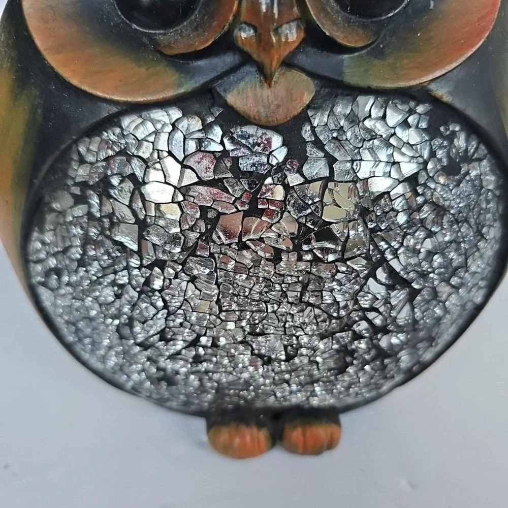 Vintage Mosaic Mirror Owl Wood Figurine Decor Home Shiny Outdoor Woodsy 1692